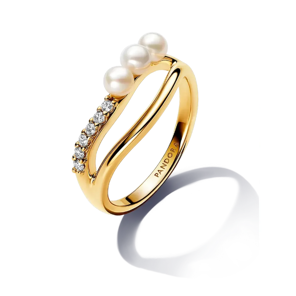 Treated Freshwater Cultured Pearl & Organically Shaped Double Band Ring