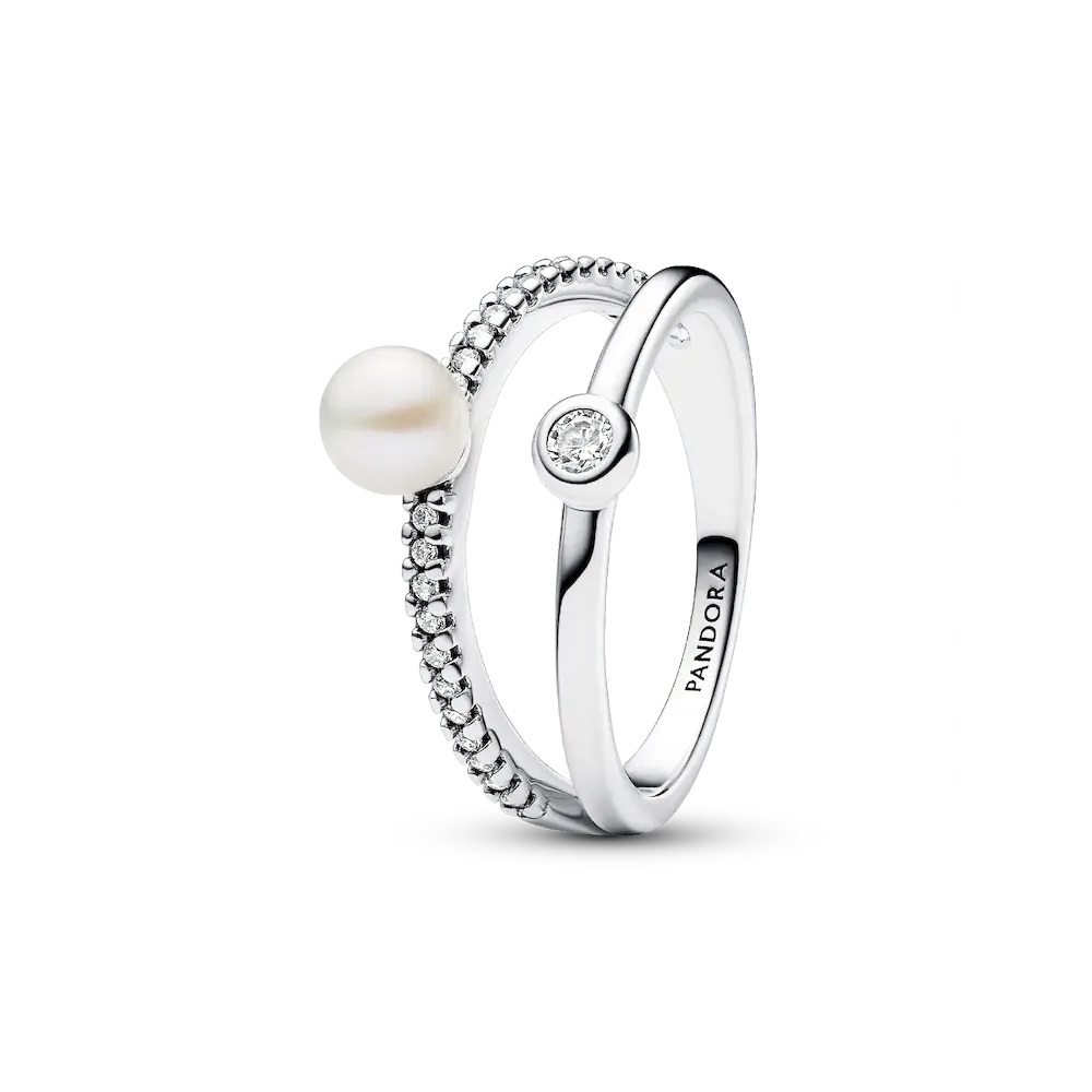 Treated Freshwater Cultured Pearl & Pavé Double Band Ring