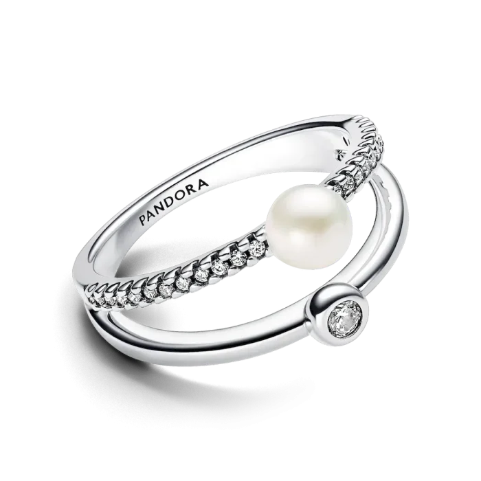 Treated Freshwater Cultured Pearl & Pavé Double Band Ring - Image 6