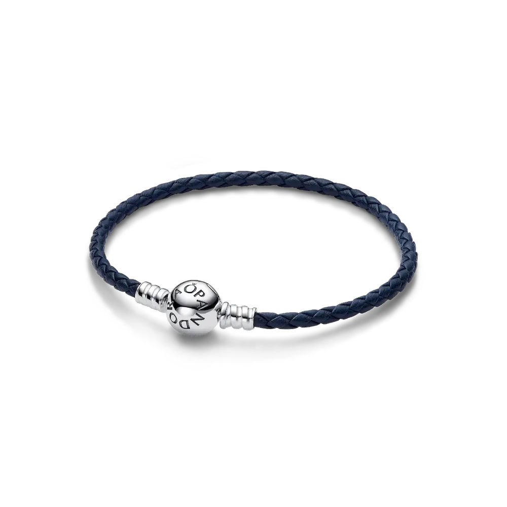 592790C01_RGB.webp Pandora Moments Round Clasp Blue Braided Leather Bracelet - Image 1