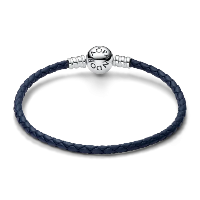 Pandora Moments Round Clasp Blue Braided Leather Bracelet - Image 3