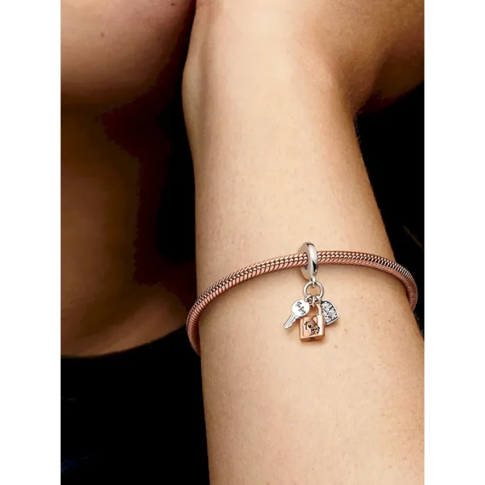 Two-tone Key, Padlock & Heart Triple Dangle Charm - Image 2