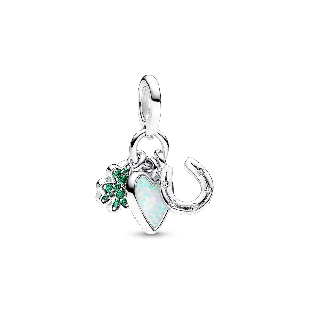 Four Leaf Clover, Heart and Horseshoe Triple Dangle Charm