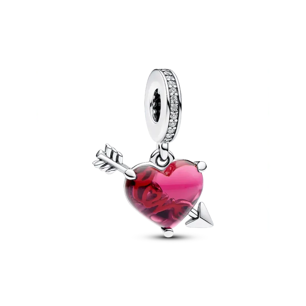 Red Heart & Arrow Murano Glass Dangle Charm