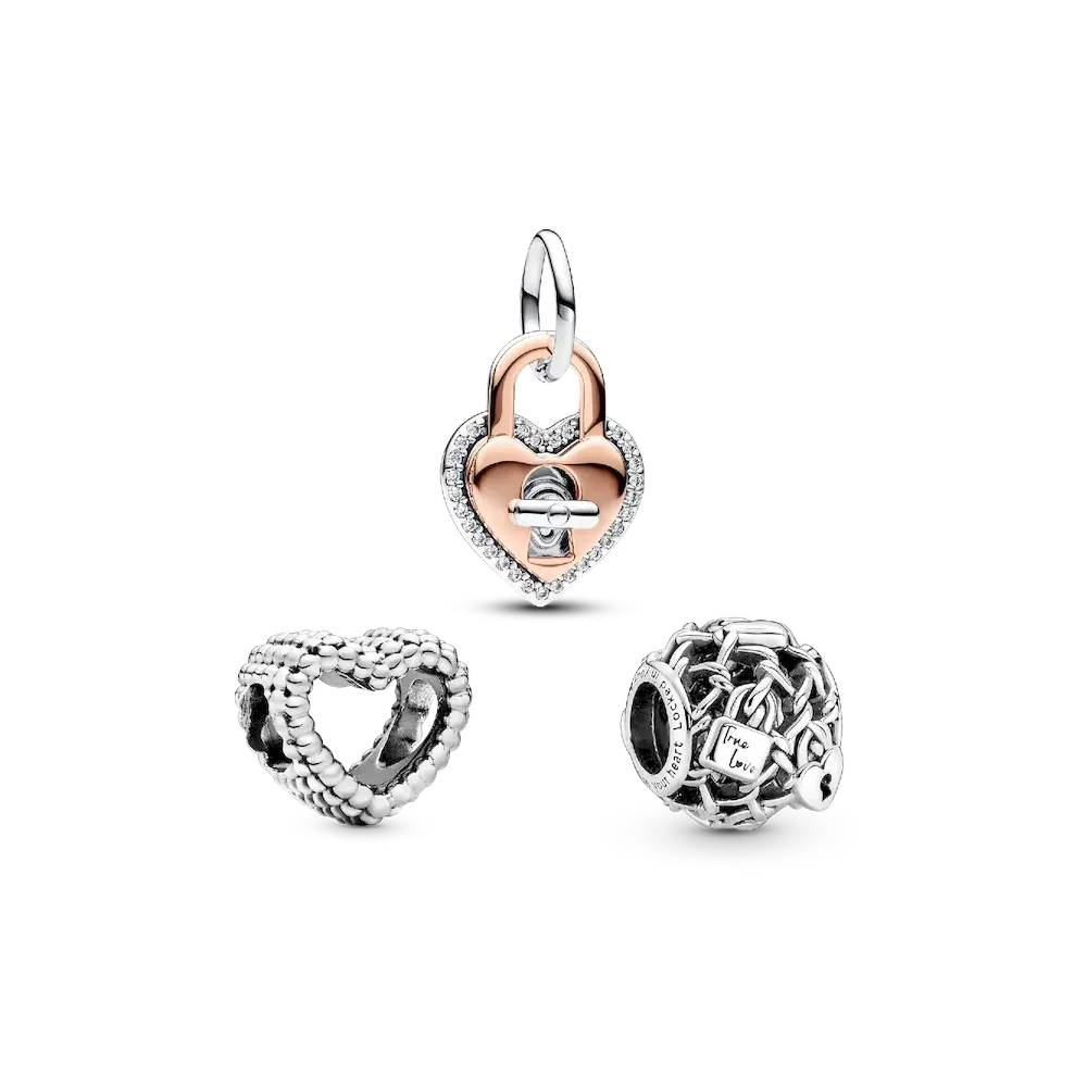 Heart and Padlock Charm Trio