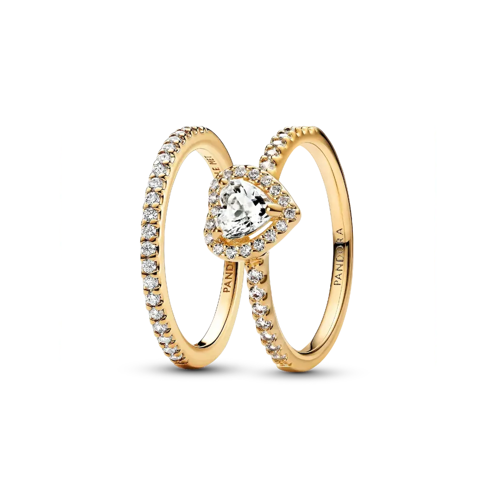 Playful Love Golden Elevated Heart Sparkling Band Ring Set