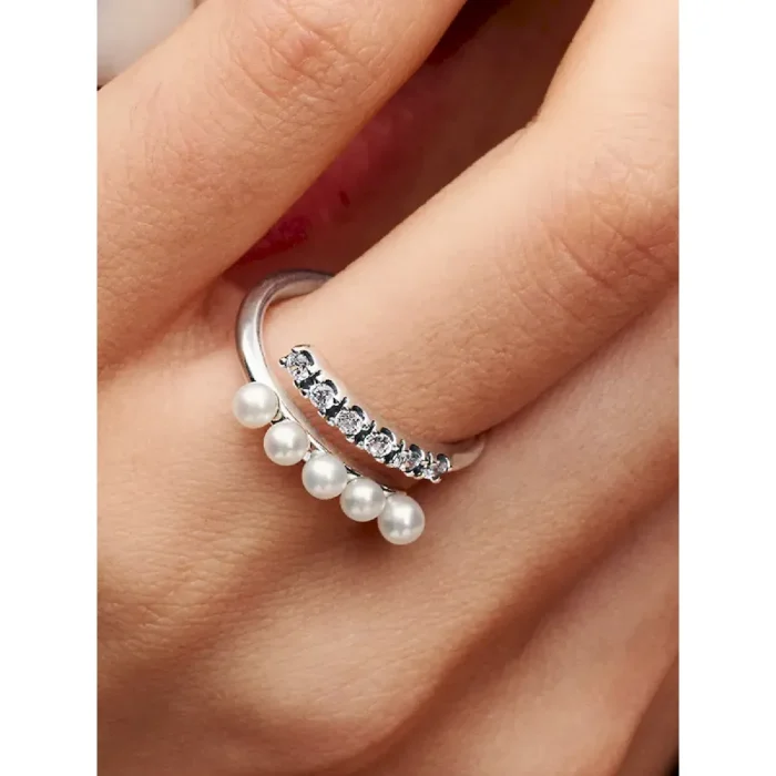 Treated Freshwater Cultured Pearls & Pavé Open Ring - Image 2