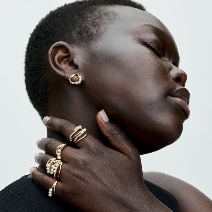 Organically Shaped Circle & Treated Freshwater Cultured Pearls Stud Earrings - Image 4