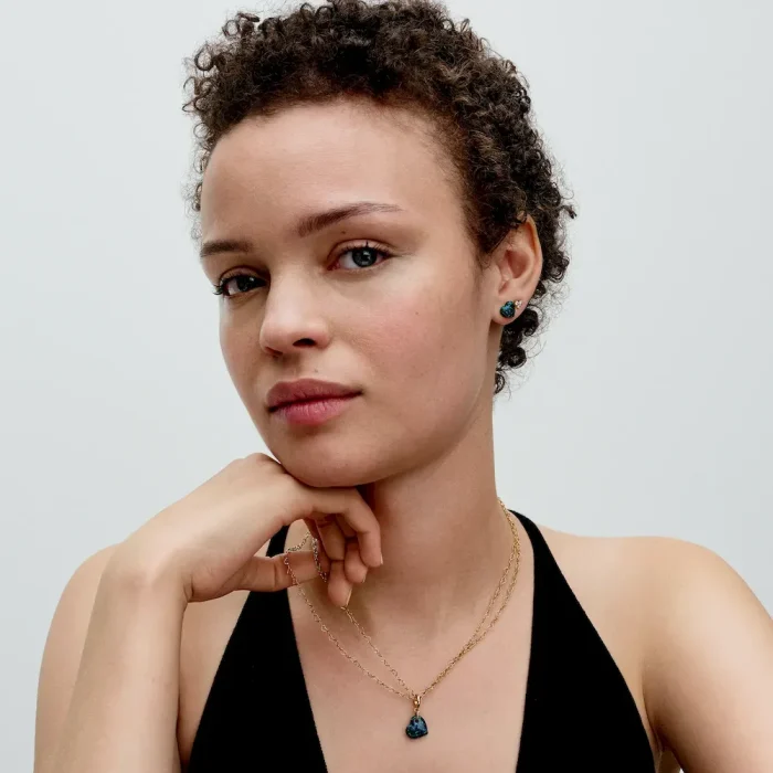 Opalescent Green Heart Stud Earrings - Image 4