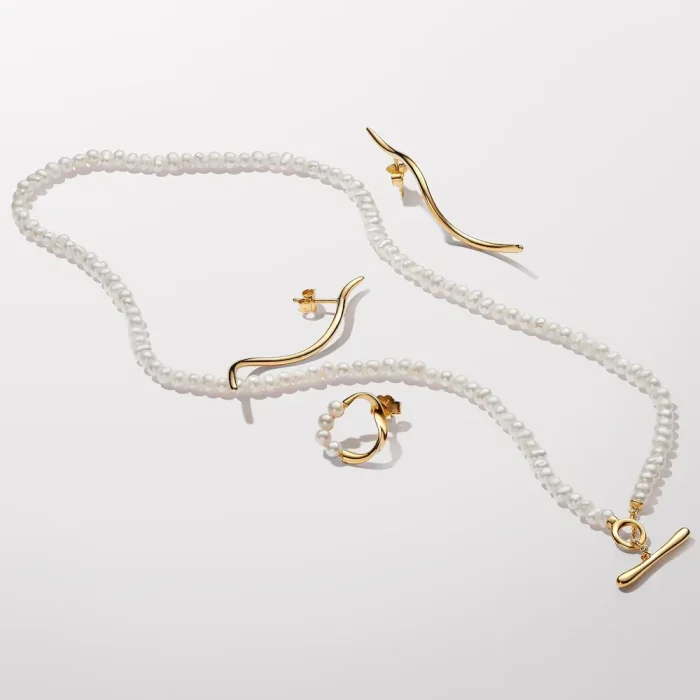 Organically Shaped Circle & Treated Freshwater Cultured Pearls Stud Earrings - Image 5