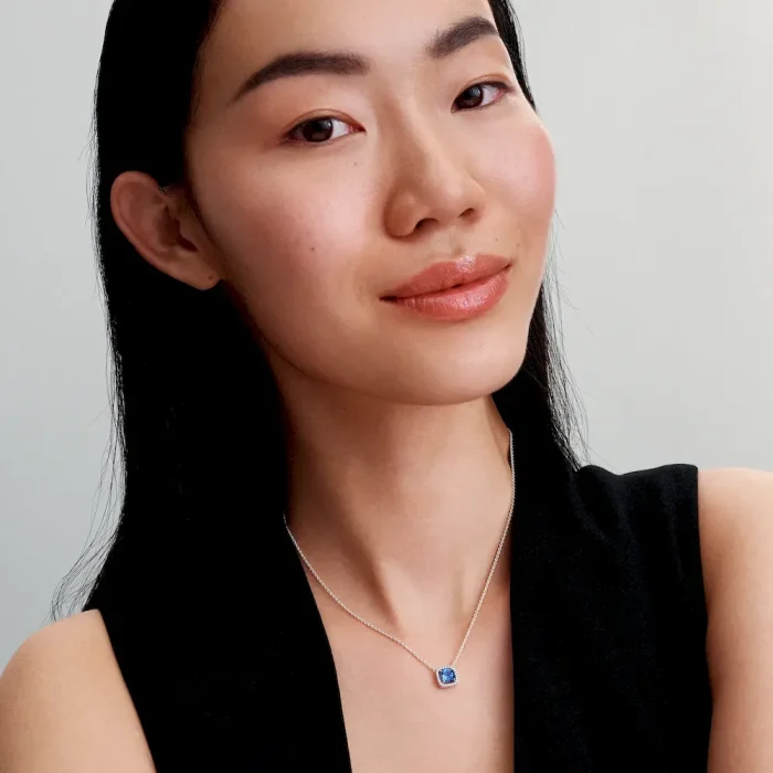 Sparkling Square Blue Halo Pendant Necklace - Image 2