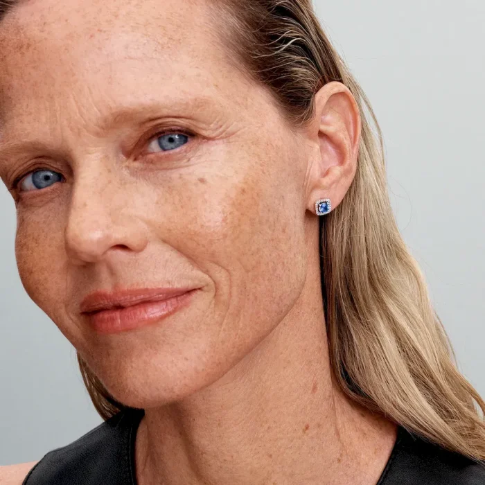 Sparkling Square Blue Halo Stud Earrings - Image 3