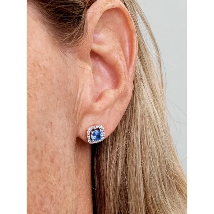 Sparkling Square Blue Halo Stud Earrings - Image 2